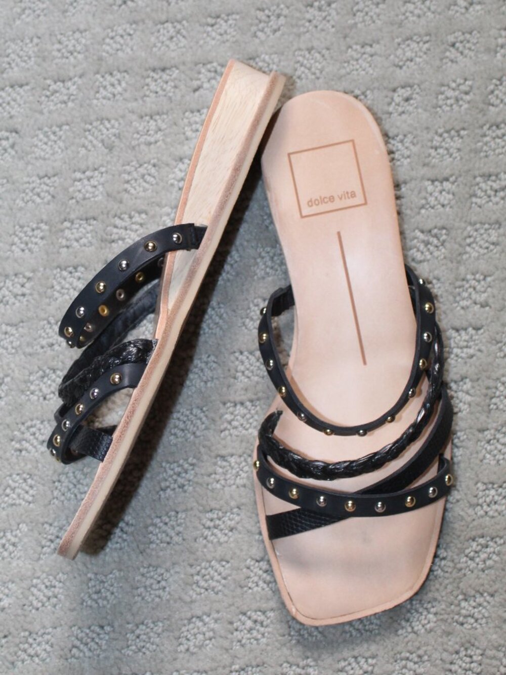 Dolce Vita Size 5.5 Studded Strappy Black Low Wooden Wedge Heels